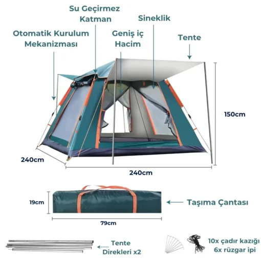 Altair otomatik kamp çadırının 240x240x150 cm ölçüleri, taşıma çantası ve kutu içeriği detaylı görsel.